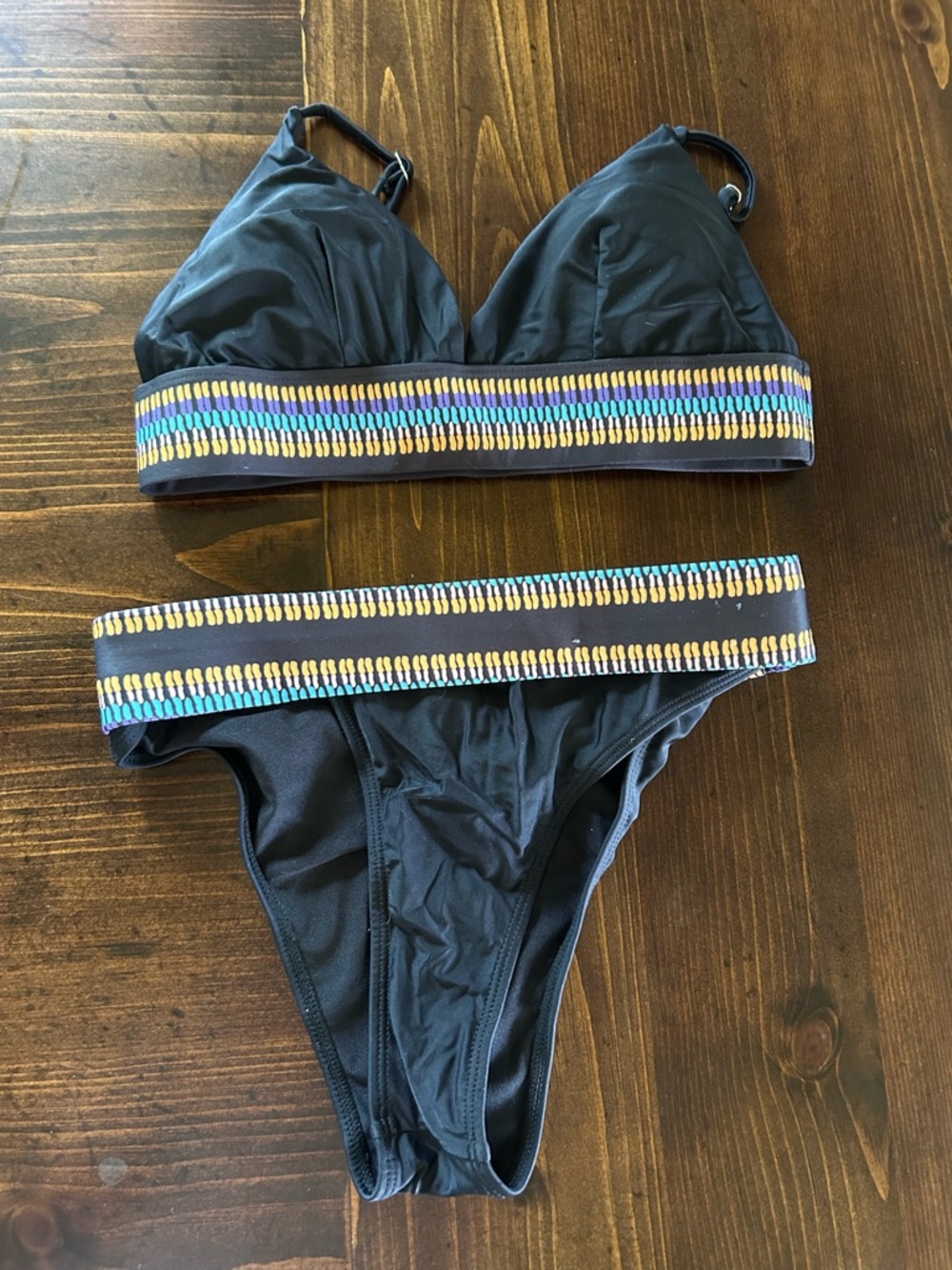 Black Two-Piece Bikini with Colorful Embroidered Band